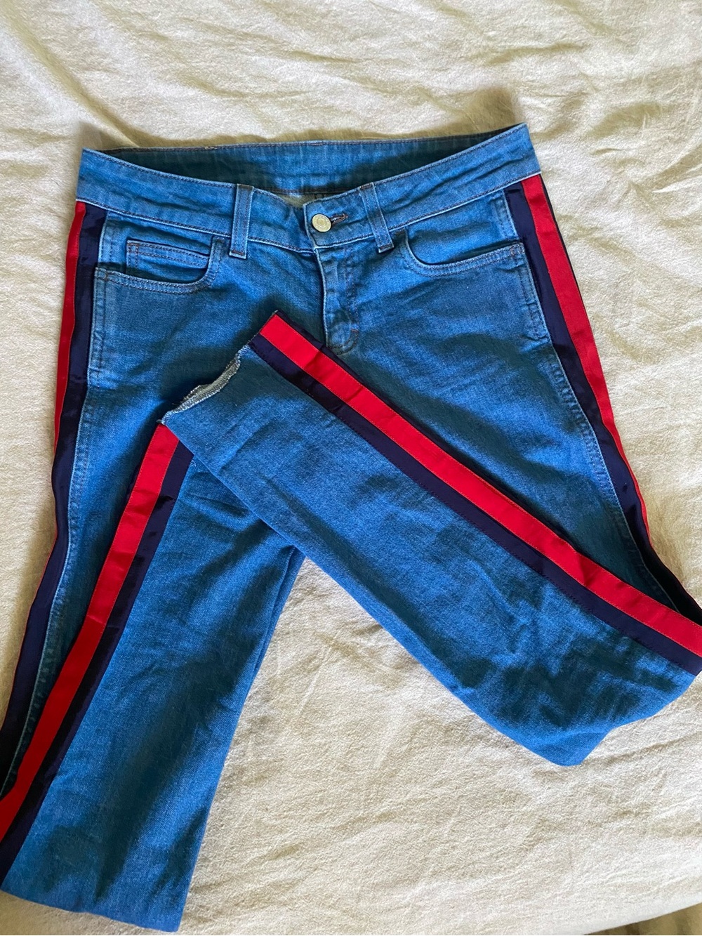 Gucci Skinny Jeans with Red and Navy Side Stripes